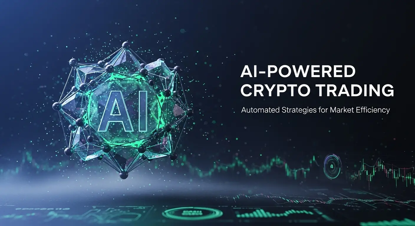 Glowing blue-green crystalline AI symbol with digital trading dashboard showcasing automated crypto trading strategies
