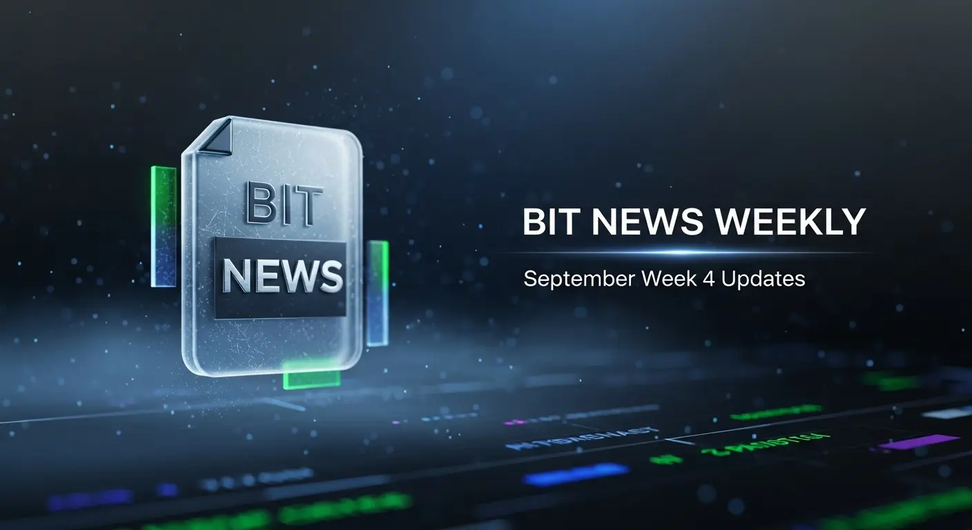 Translucent glass-like BIT News icon with green bars and digital background highlighting weekly crypto news updates