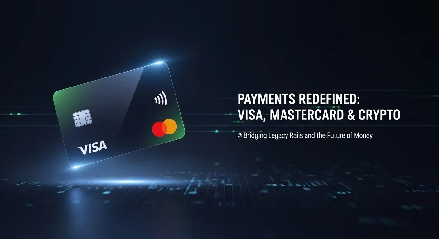 Dark payment card with green edges, microchip, and Wi-Fi symbol on a tech background with binary code. Text reads "PAYMENTS REDEFINED: VISA, MASTERCARD & CRYPTO."