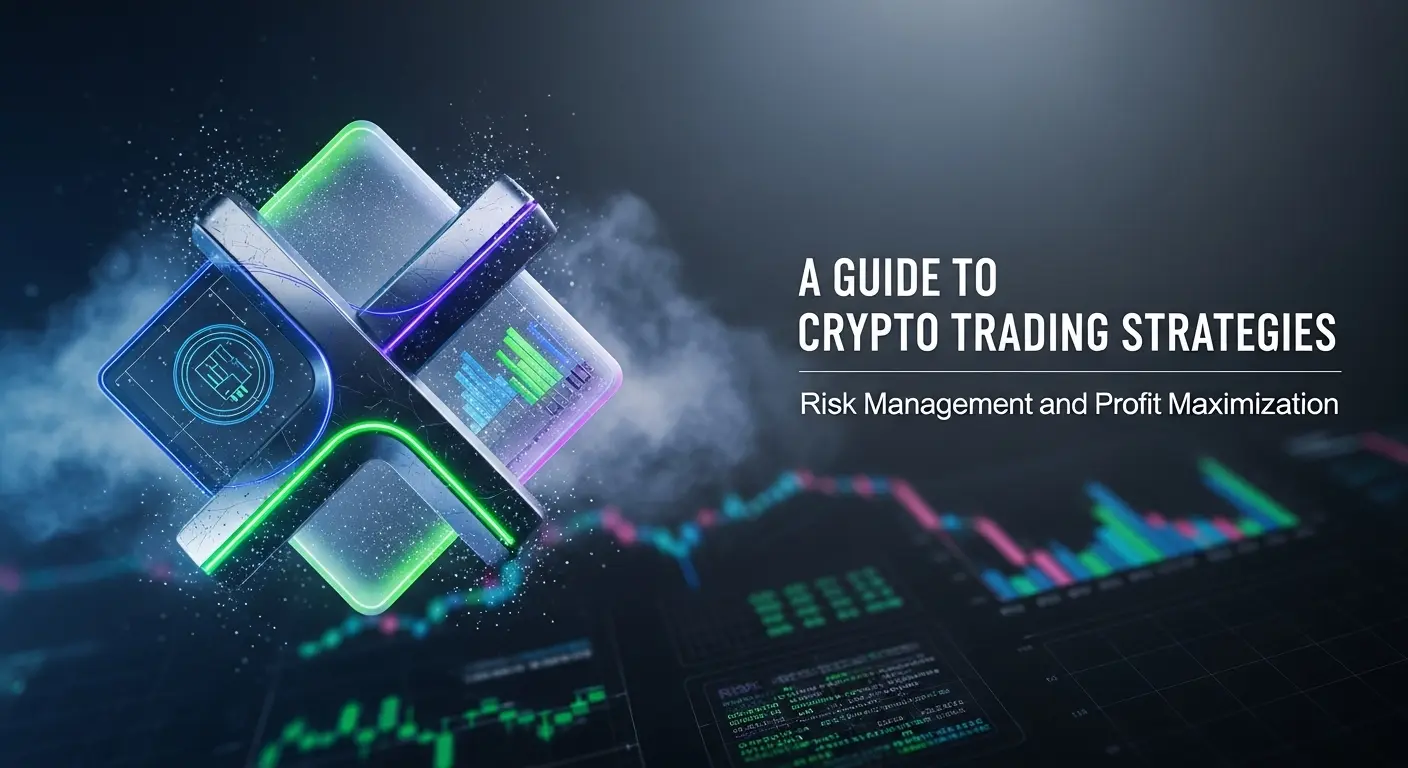 Glowing 3D translucent squares with abstract crypto graphs and data, highlighting crypto trading strategies and risk management