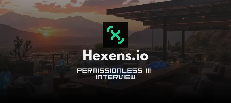 Modern twilight patio with city and mountain backdrop, light blue cylinder, warm lights, and Hexens.io logo with "PERMISSIONLESS III INTERVIEW" text on dark rectangle.