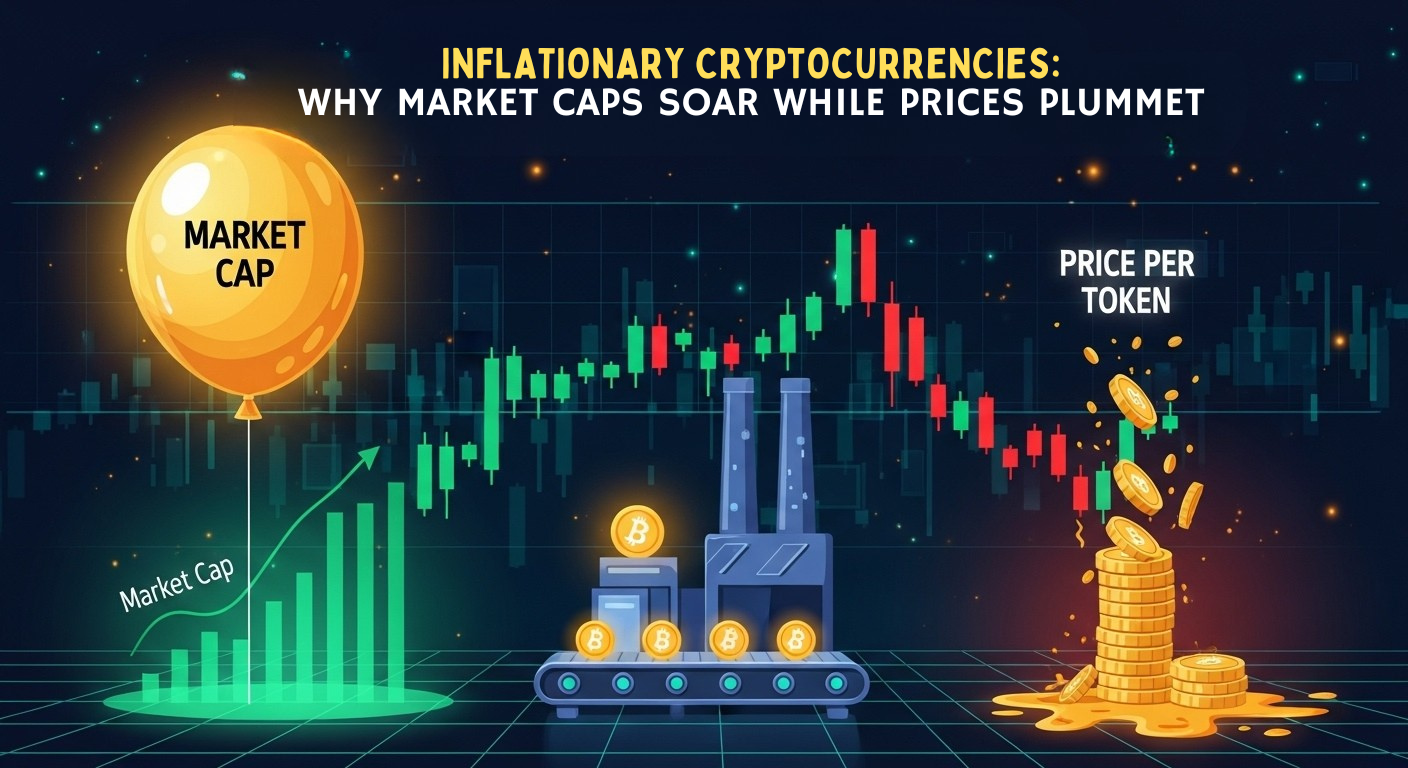 Illustration of inflationary cryptocurrencies with rising market cap balloon, Bitcoin factory, and falling token price shown by red candlestick and melting coins.
