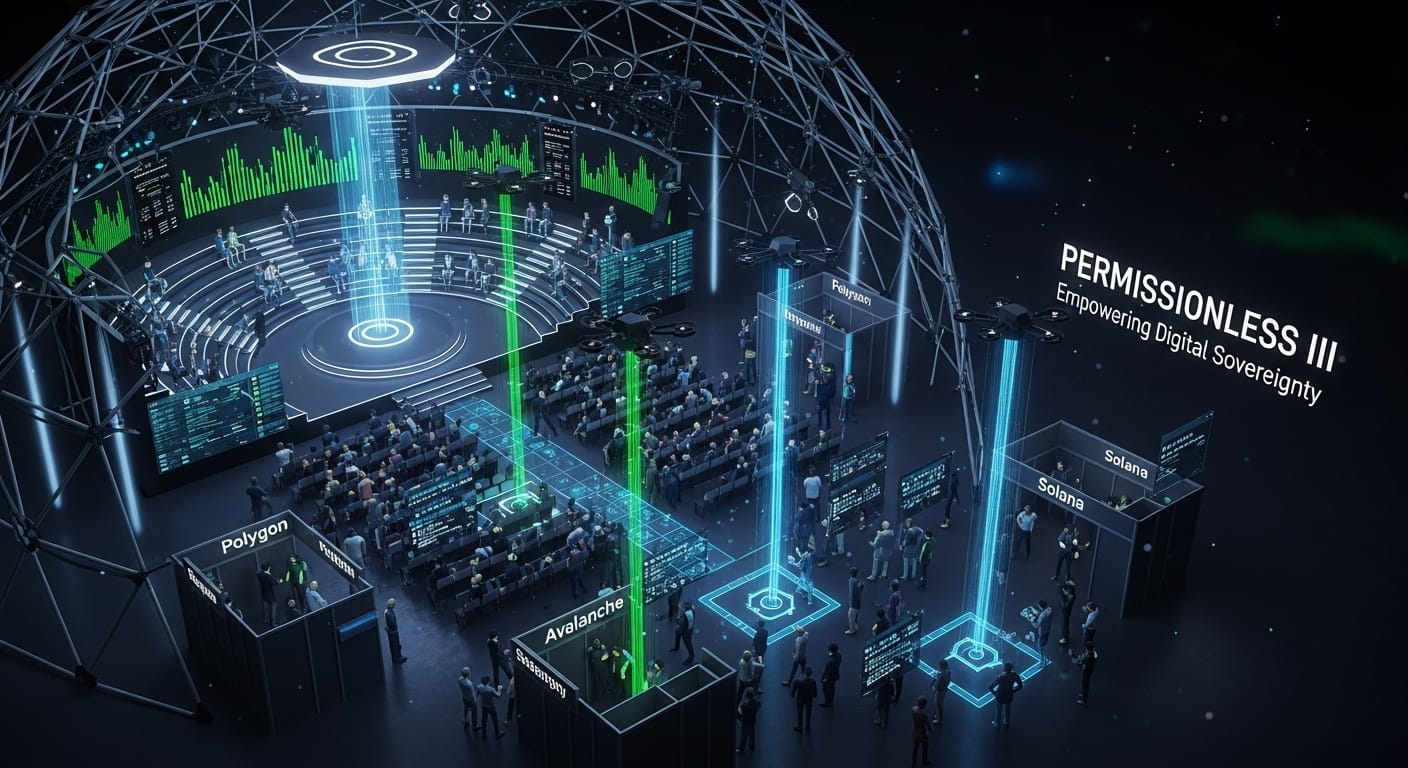 Futuristic Permissionless III crypto conference with glowing stage, blockchain zones, and drones.